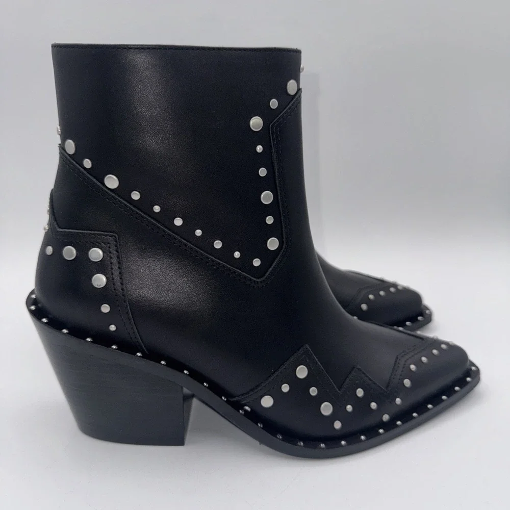 The Kooples Santiag Studded Boot Women's Size 7 EU 38 Black Leather Dustbag